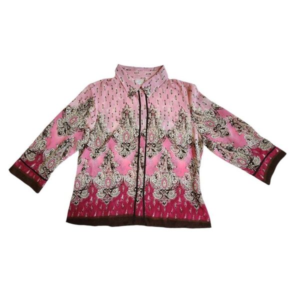Emma James pink brown red black paisley 3/4 sleeve button up collared top sz 14 - Picture 1 of 11